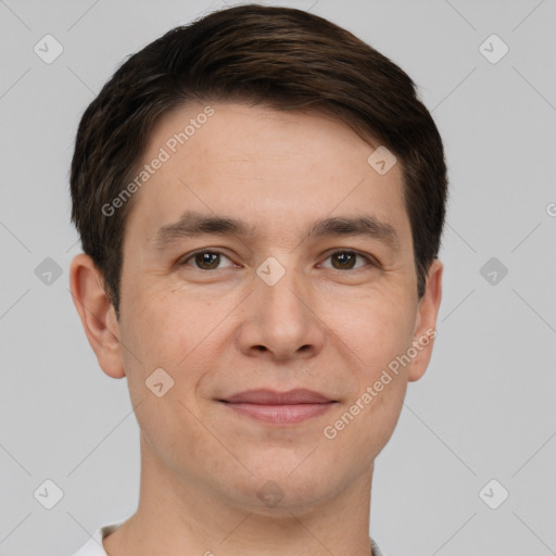 Joyful white young-adult male with short  brown hair and brown eyes