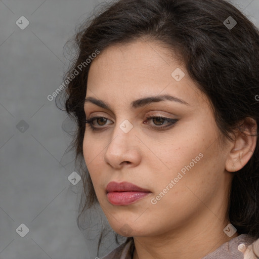 Neutral white young-adult female with medium  brown hair and brown eyes