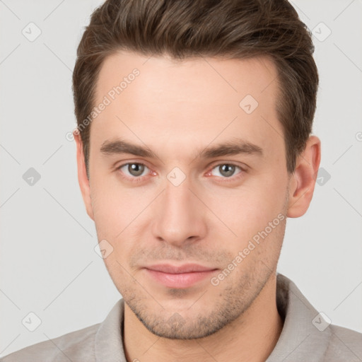 Neutral white young-adult male with short  brown hair and brown eyes