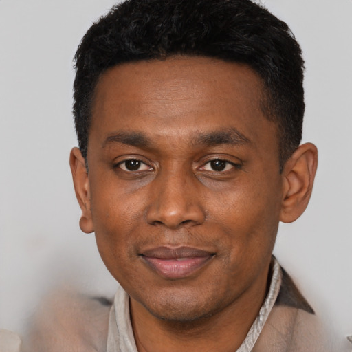 Joyful black adult male with short  black hair and brown eyes