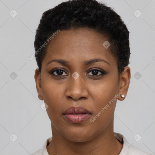 Neutral black young-adult female with short  black hair and brown eyes