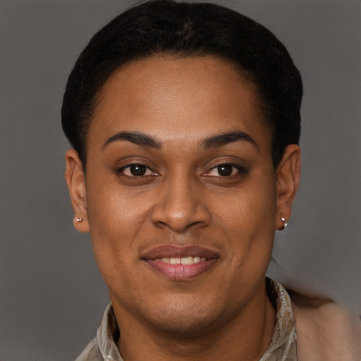 Joyful black young-adult female with short  brown hair and brown eyes