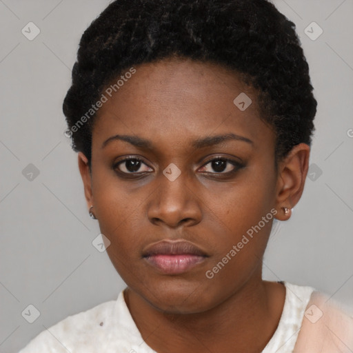 Neutral black young-adult female with short  black hair and brown eyes