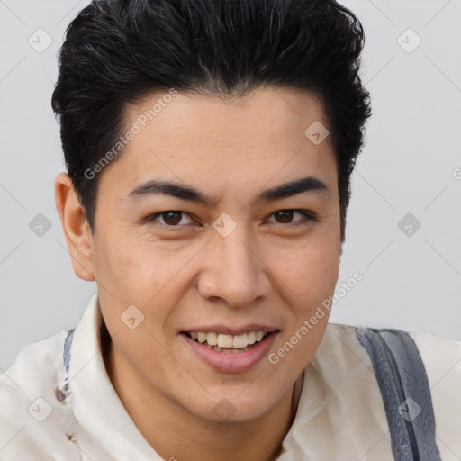 Joyful latino young-adult male with short  brown hair and brown eyes