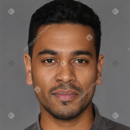 Neutral black young-adult male with short  black hair and brown eyes