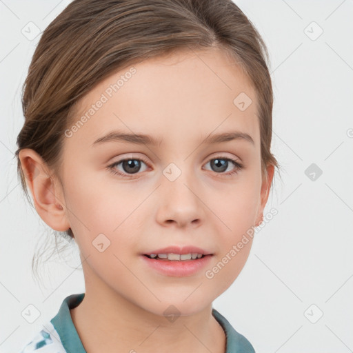 Joyful white child female with short  brown hair and brown eyes