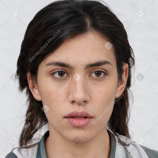 Neutral white young-adult female with medium  brown hair and brown eyes