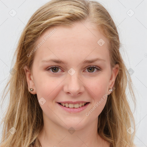 Joyful white young-adult female with long  brown hair and blue eyes