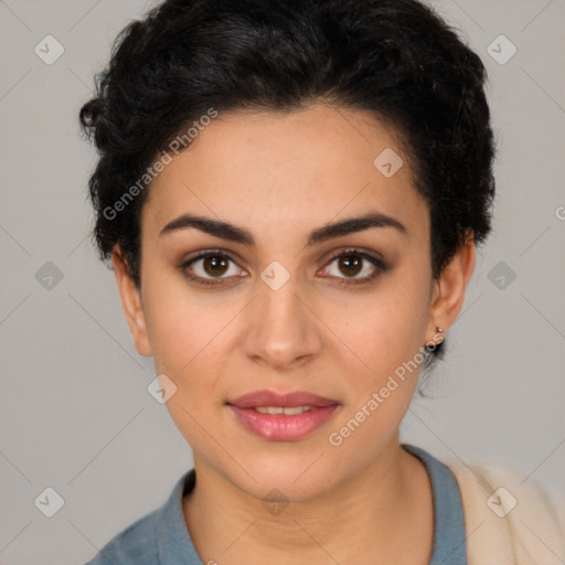 Joyful latino young-adult female with short  brown hair and brown eyes