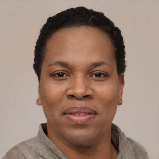 Joyful black adult female with short  black hair and brown eyes