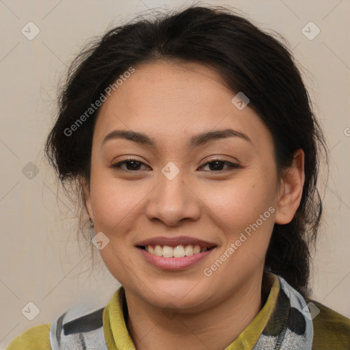 Joyful latino young-adult female with medium  brown hair and brown eyes