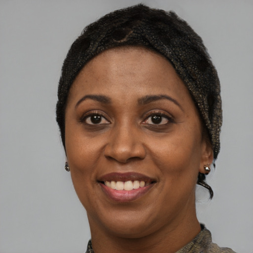 Joyful black adult female with short  brown hair and brown eyes