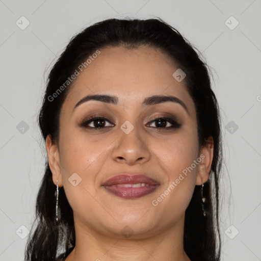 Joyful latino young-adult female with long  brown hair and brown eyes