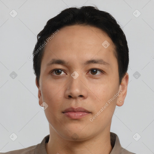 Neutral asian young-adult male with short  black hair and brown eyes