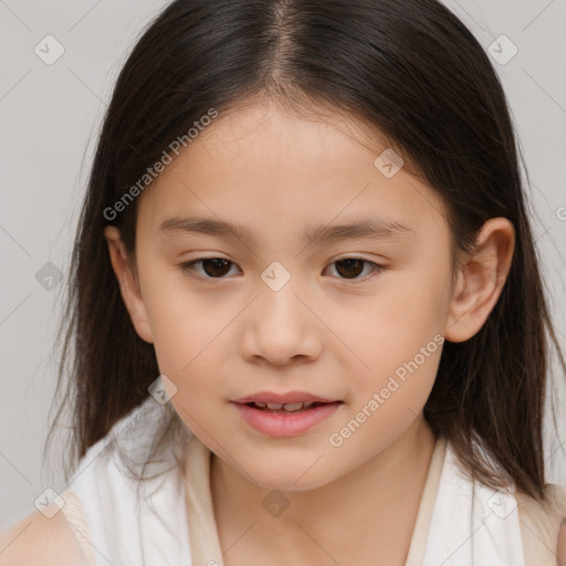 Joyful white child female with medium  brown hair and brown eyes