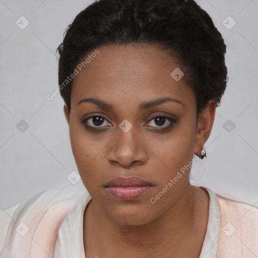 Neutral black young-adult female with short  black hair and brown eyes