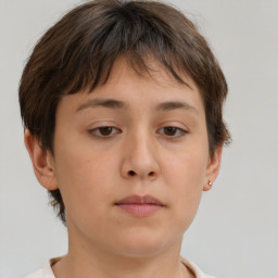 Neutral white young-adult female with short  brown hair and brown eyes