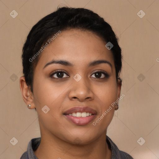 Joyful latino young-adult female with long  brown hair and brown eyes