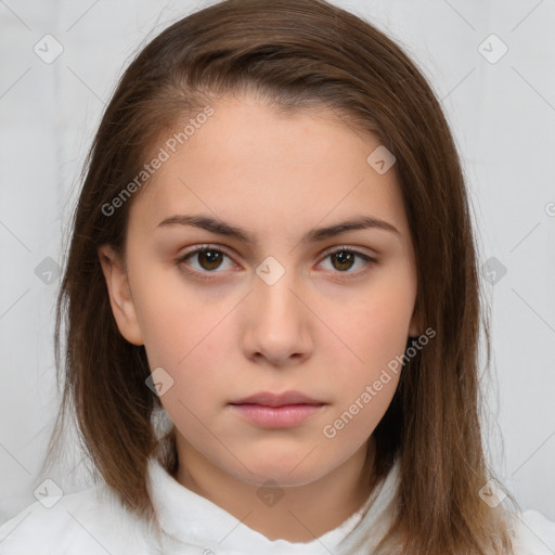 Neutral white young-adult female with medium  brown hair and brown eyes