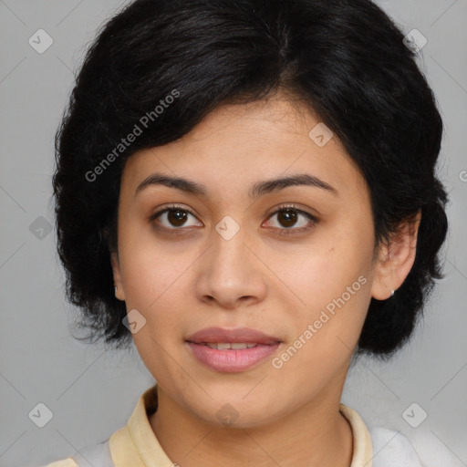 Joyful latino young-adult female with medium  brown hair and brown eyes