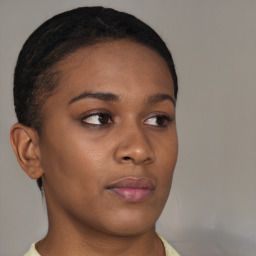 Neutral black young-adult female with short  brown hair and brown eyes