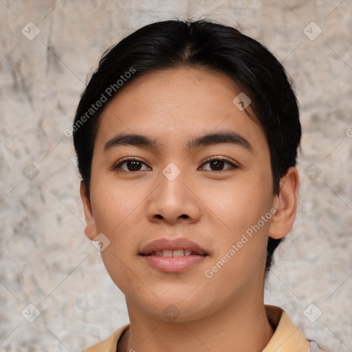 Joyful asian young-adult male with short  black hair and brown eyes