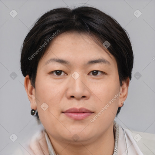 Joyful asian adult female with short  brown hair and brown eyes