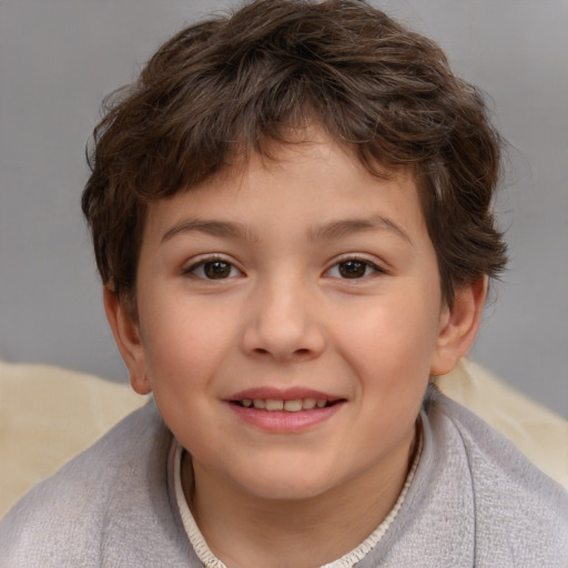 Joyful white child female with short  brown hair and brown eyes