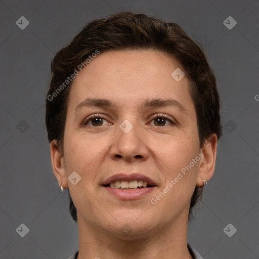 Joyful white young-adult female with short  brown hair and grey eyes