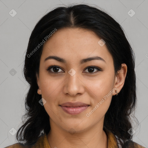 Joyful latino young-adult female with medium  black hair and brown eyes