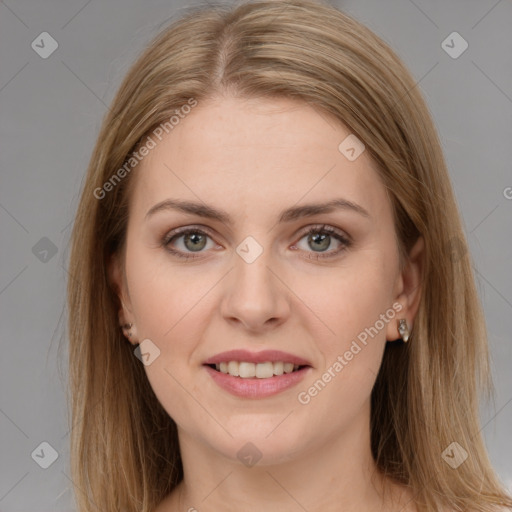 Joyful white young-adult female with long  brown hair and grey eyes