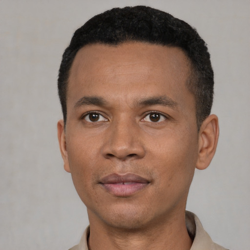 Neutral latino adult male with short  black hair and brown eyes
