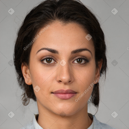 Neutral white young-adult female with medium  brown hair and brown eyes