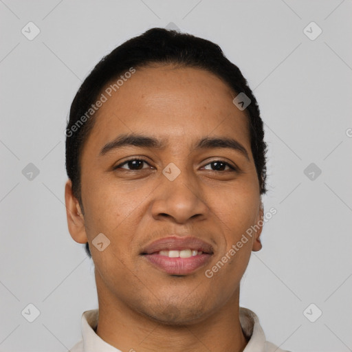 Joyful latino young-adult male with short  black hair and brown eyes