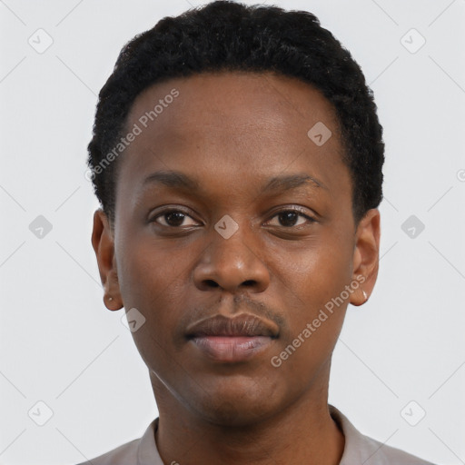 Neutral black young-adult male with short  black hair and brown eyes