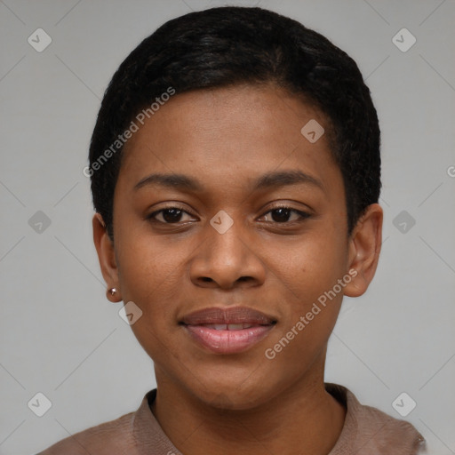 Joyful black young-adult female with short  black hair and brown eyes