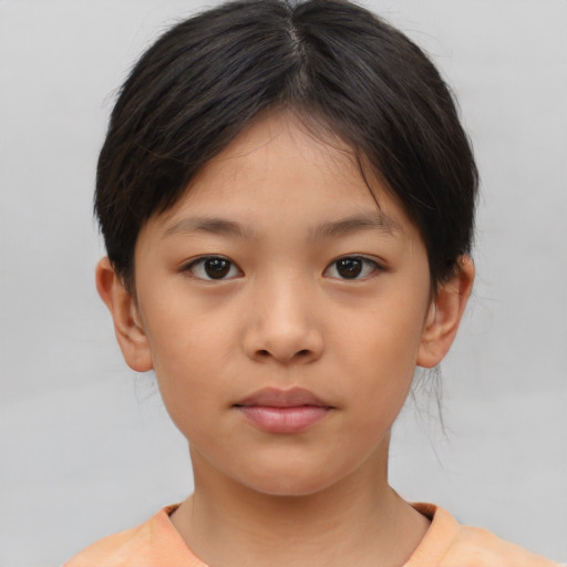 Neutral asian child female with short  brown hair and brown eyes