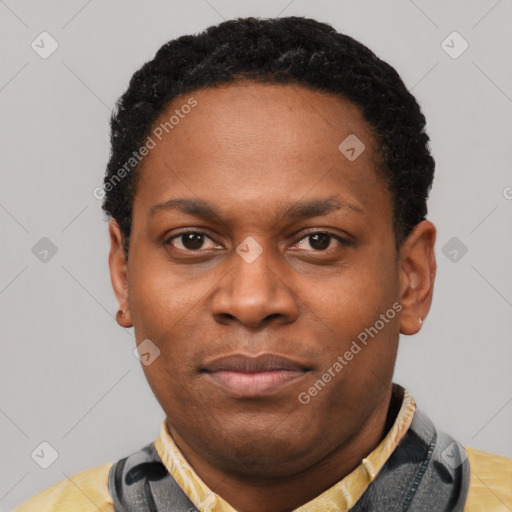 Neutral latino adult male with short  black hair and brown eyes
