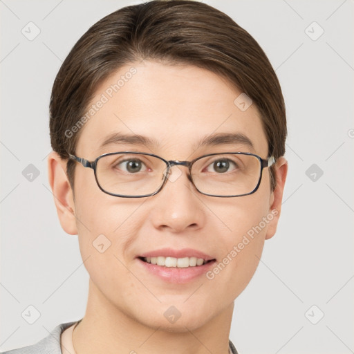 Joyful white young-adult female with short  brown hair and grey eyes