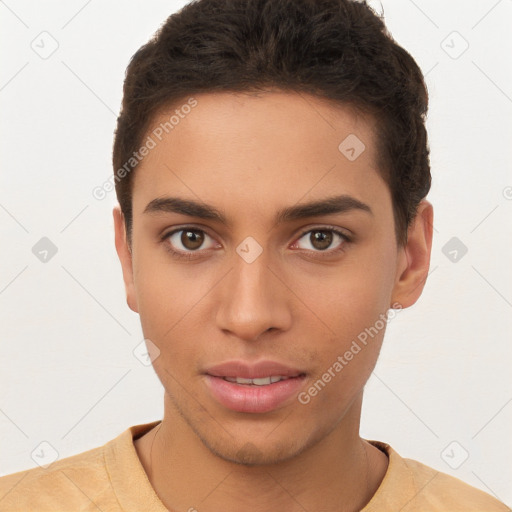 Neutral latino young-adult male with short  brown hair and brown eyes