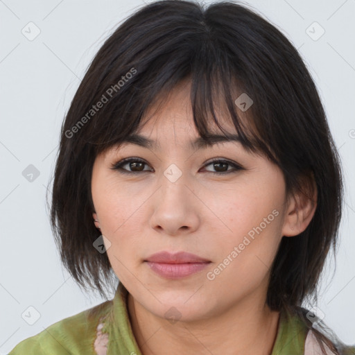 Neutral asian young-adult female with medium  brown hair and brown eyes