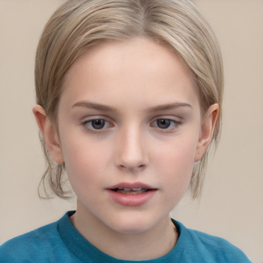 Neutral white child female with medium  brown hair and grey eyes