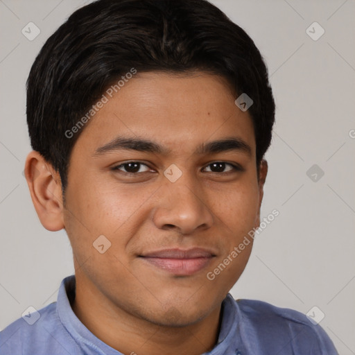 Joyful latino young-adult male with short  brown hair and brown eyes