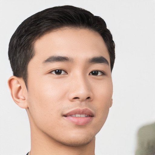 Neutral asian young-adult male with short  brown hair and brown eyes