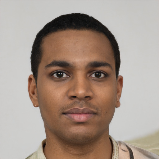 Neutral black young-adult male with short  black hair and brown eyes