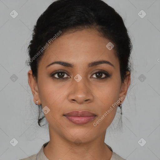 Joyful latino young-adult female with short  brown hair and brown eyes