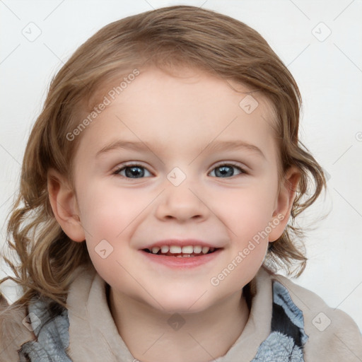 Joyful white child female with medium  brown hair and blue eyes