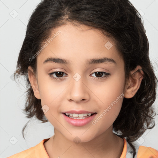 Joyful white child female with medium  brown hair and brown eyes