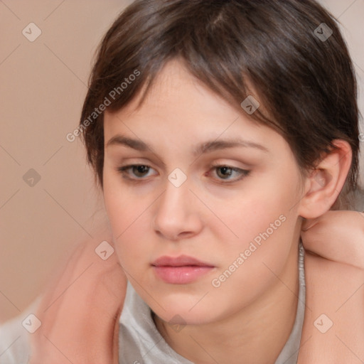 Neutral white young-adult female with medium  brown hair and brown eyes