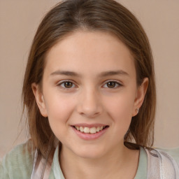 Joyful white child female with medium  brown hair and brown eyes